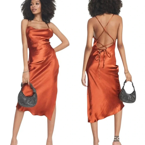 ASOS DESIGN Midi Slip Dress in High Shine Satin with Lace Up Back Rust Size 4 - Picture 1 of 14